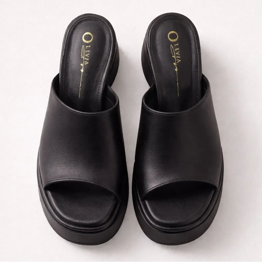 OLIVIA black faux leather chunky platform open toe mule heels Y2K size 7